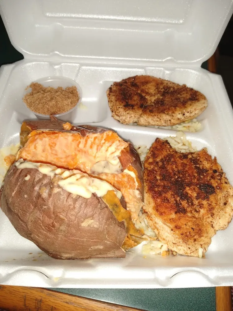 Cajun Chicken on a Bed of Rice and a Huge Sweet Potato