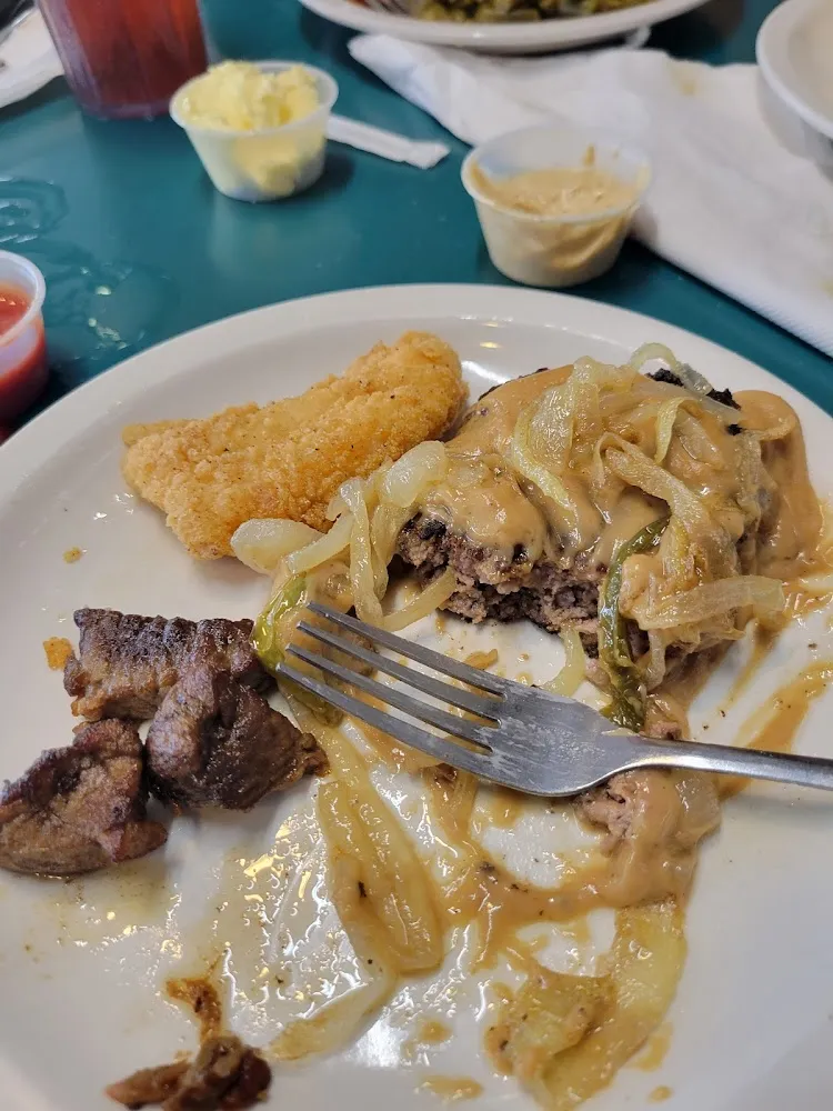 Hamburger Steak Onions Gravy and Fried Fish